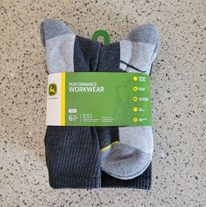 John Deere 6 Pairs Mens Shoe Size 6-12.5 Performance Workwear Crew Gray Socks
